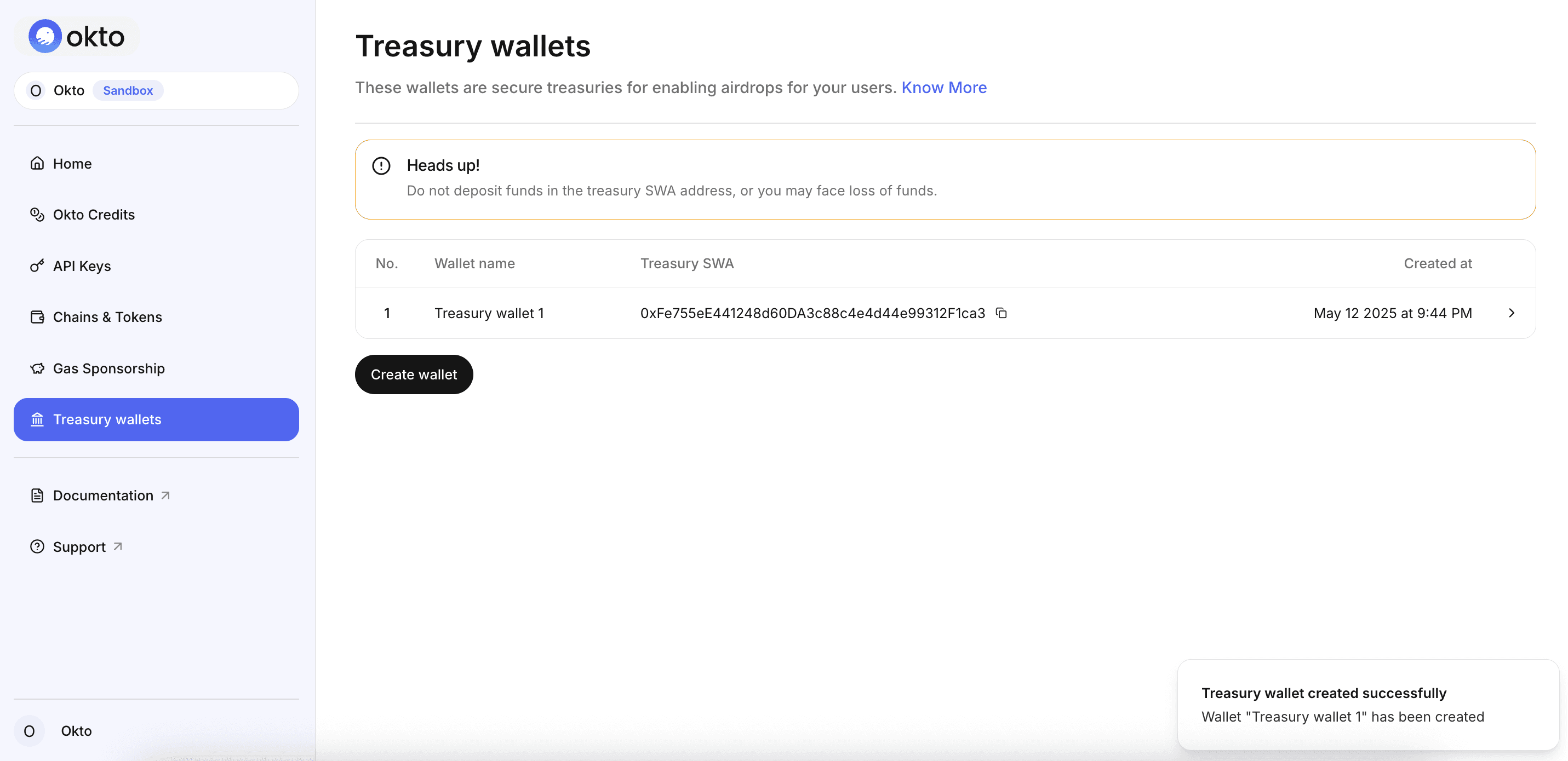 Treasury Wallet Page - Okto Dashboard