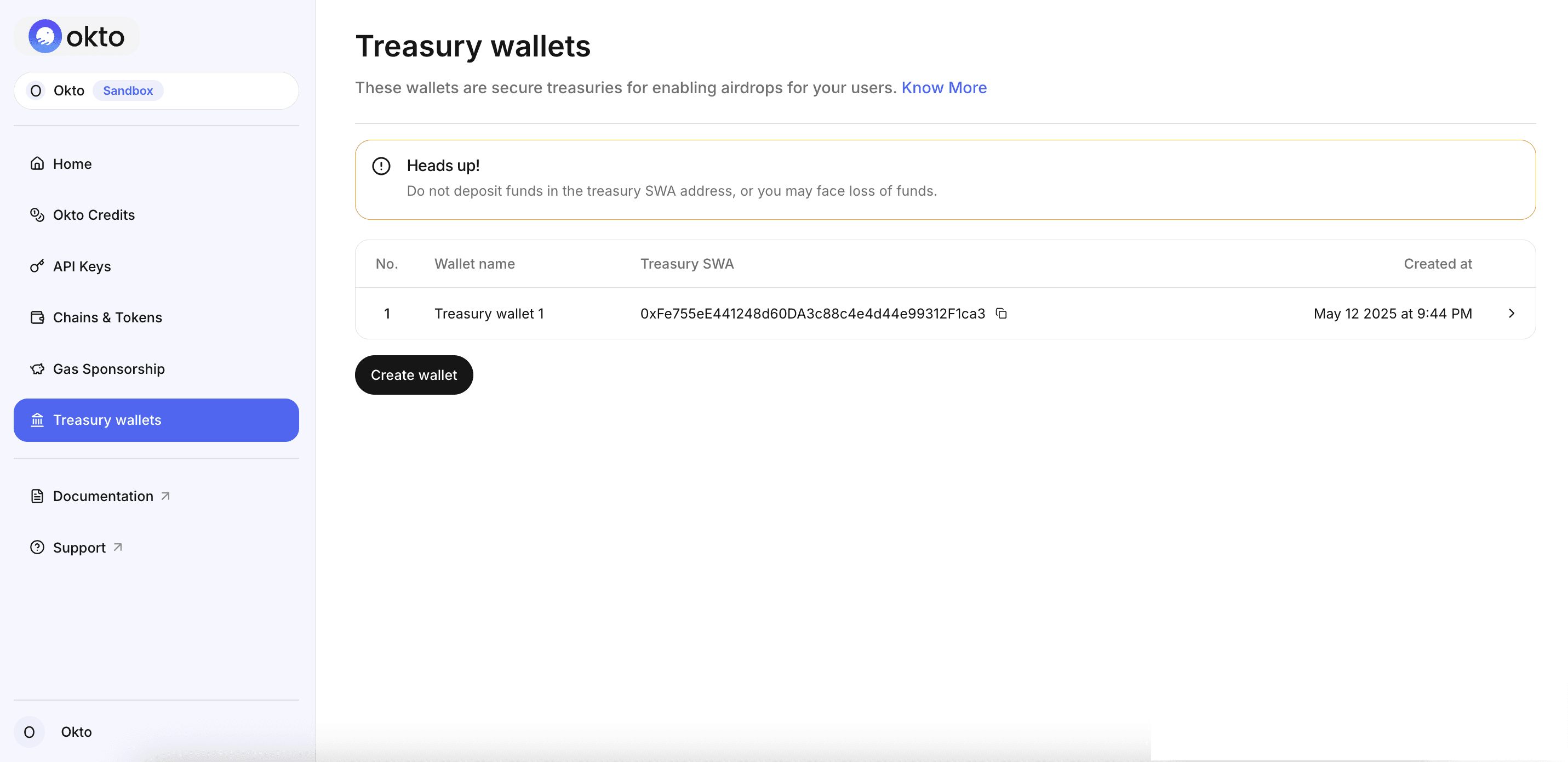 Treasury Wallet Page - Okto Dashboard
