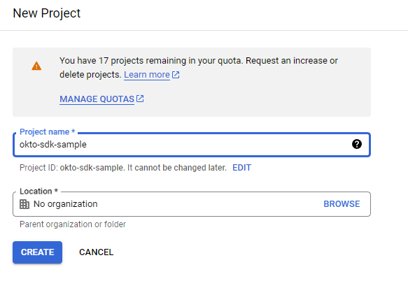 Google Console New Project